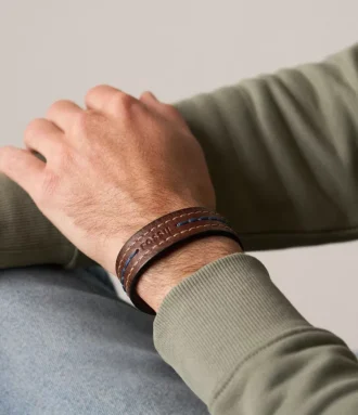 Everett Topstitch Brown Leather Strap Bracelet