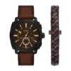 Machine Chronograph Brown Leather Watch and Bracelet Set