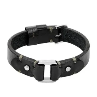 Machine Rugged Stainless Steel and Black Leather Strap Bracelet