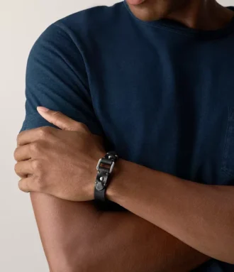 Machine Rugged Stainless Steel and Black Leather Strap Bracelet