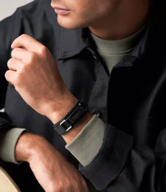 Machine Rugged Stainless Steel and Black Padded Leather Strap Bracelet