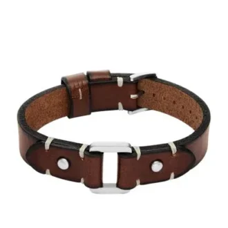 Machine Rugged Stainless Steel and Brown Leather Strap Bracelet