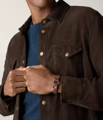 Machine Rugged Stainless Steel and Brown Leather Strap Bracelet