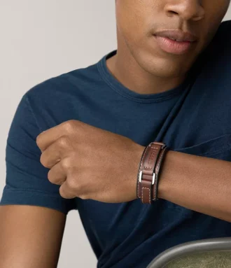 Machine Rugged Stainless Steel and Brown Padded Leather Strap Bracelet