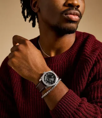 Machine Three-Hand Date Brown Leather Watch and Bracelet Set