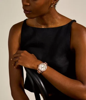 Riley Multifunction Rose Gold-Tone and Sand Leather Watch