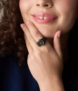 Watch Ring Two-Hand Pavé Black Stainless Steel Watch